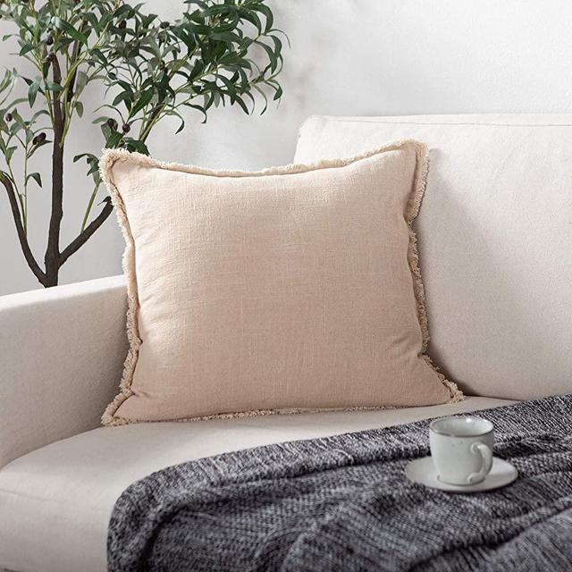 ATLINIA Decorative Throw Pillow Covers with Tassels Linen Pillow Cover 20 x 20 Inches Beige Cushion Cover for Farmhouse Couch Sofa Chair