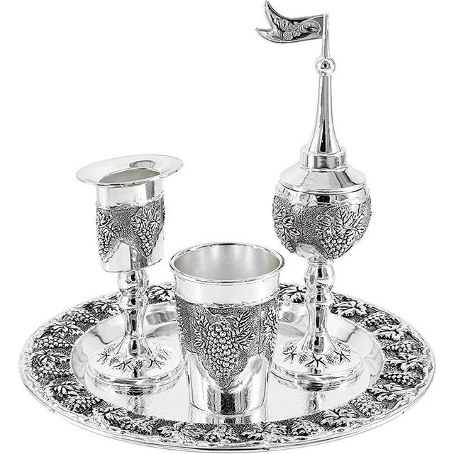 Havdalah Set, Wine Goblet, with Candle and Spice Incense Holders, Silver Plated