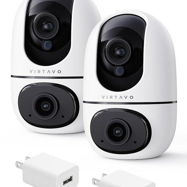 virtavo XD1 Indoor Pet & Baby Camera, No Subscription Required, Dual-Lens 360° PTZ, Motion Tracking, 2-Way Audio, Night Vision, Cloud/SD Storage, Phone App, WiFi, 2-Pack, Power Adapter Included