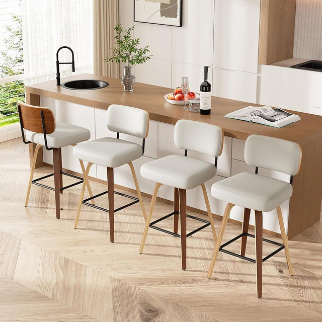 Choairy Swivel Bar Stools Set of 4, 26" Upholstered Faux Leather Counter Height Barstools with Walnut Back & Bentwood Legs, Mid Century Modern Bar Chairs Island Stools for Kitchen Counter, Cream White
