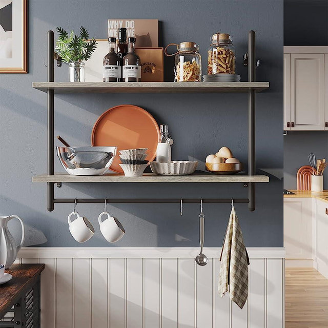 Bestier Pipe Shelf Industrial Floating Shelving 31" Kitchen Wall-Mounted Shelf with Towel Bar Hooks Coffee Bar Shelf Wine Hanging Display Rack Bookshelf Living Room Decor Bathroom-Retro Grey