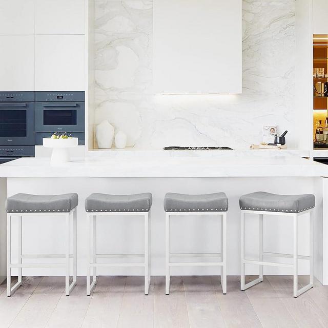 LUE BONA Counter Height Bar Stools, 24" Square Saddle Barstools Set of 3, Modern Backless Faux Leather Counter Stool with White Metal Legs for Kitchen Island Counter, Home Bar, Bistro, Light Gray