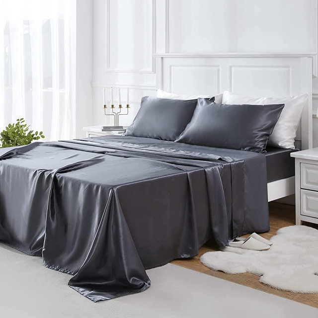 GOLAL Satin Sheets King Size - 4 Pieces Luxury Silky Soft Bed Sheets, Wrinkle-Free Dark Grey Satin Silk Sheet Set with 1 Deep Pocket Fitted Sheet, 1 Flat Sheet, 2 Pillow Cases