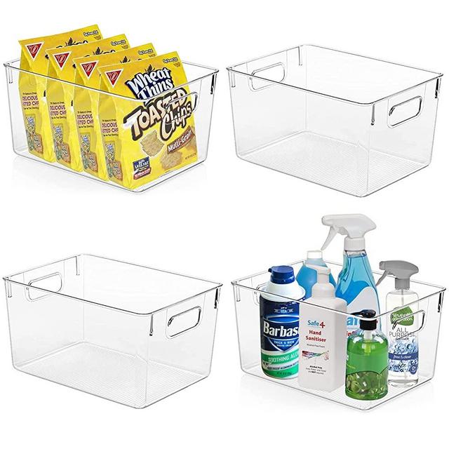 KAZIPA Clear Plastic Storage Bins - Perfect Kitchen Organization and Storage, Pantry Organization and Storage, Fridge Organizer, Refrigerator Organizer, Freezer Organizer, Cabinet Organizer - 4 Pack