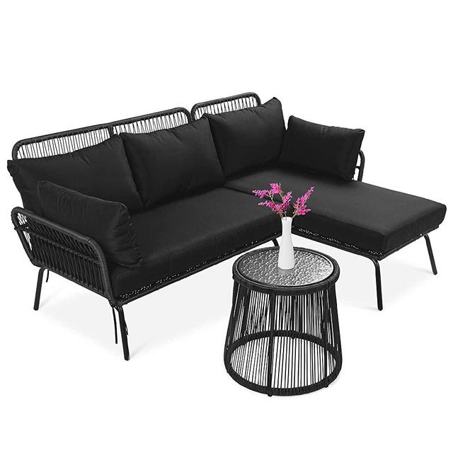 Best Choice Products Outdoor Rope Woven Sectional Patio Furniture L-Shaped Conversation Sofa Set for Backyard, Porch w/Thick Cushions, Detachable Lounger, Side Table - Black