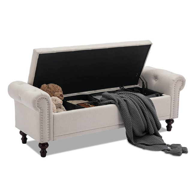 SOFTHION 58.1'' Storage Bench Upholstered Linen End of Bedroom Bed Bench Ottoman with Tufted Cushioned Rolled Arm Large Storage Space for Reading Living Room Entryway, Beige