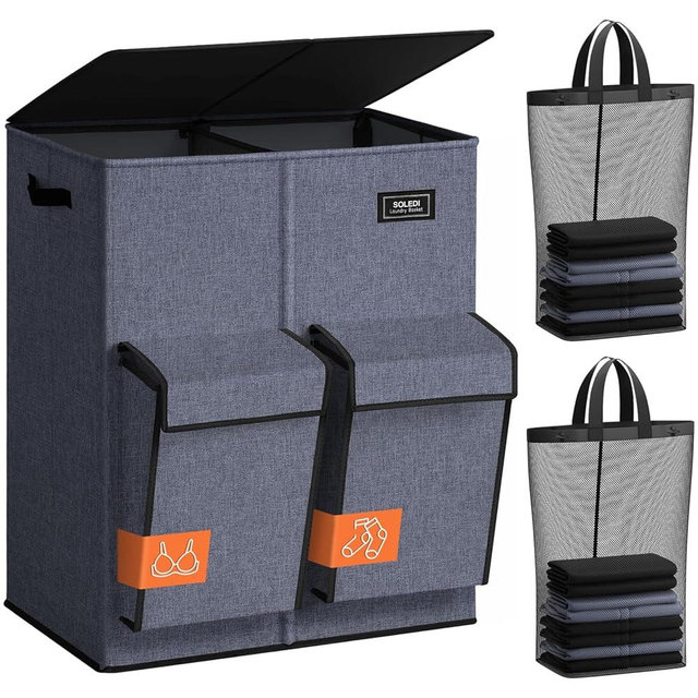 SOLEDI Double Laundry Hamper with Lid, 47.8 Gal (180L) Large Laundr Basket 2 Section with 2 Side Pockets, Dirty Clothes Hamper with Removable Bag, Easy to Carry for Laundry Room, Bedroom, Navy Blue