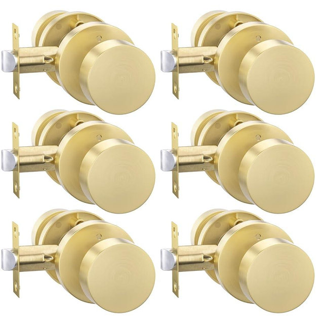 Goldenwarm Gold Door Knobs Interior, Heavy Duty Zinc-Alloy Privacy Brushed Gold Interior Door Knobs, Brushed Brass Indoor Doorknobs for Bedroom, Bathroom (6 Pack)