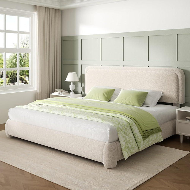 King Bed Frame Upholstered Boucle Bed Frame with Adjustable Headboard & Soft Rounded Corners, Low Profile, No Box Spring Needed, Easy Assembly, Noise Free, Beige