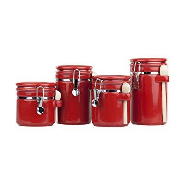 Home Basics CS44155 4 Piece Ceramic Spoon Airtight Set, Food Storage Container for Kitchen Counter, Sugar, Coffee, Canister, Red