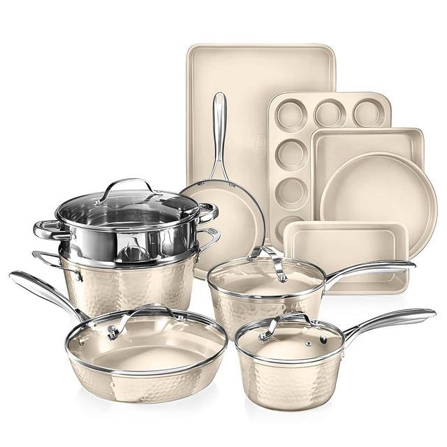 Gotham Steel Hammered 15 Piece Pots and Pans Set Non Stick Cookware Set, Pot and Pan Set, Kitchen Cookware Sets, Non Toxic Ceramic Cookware Set, Induction Cookware, Dishwasher Safe, Cream White