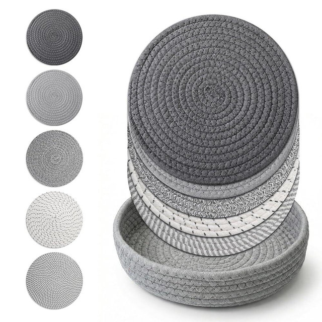 KongTiva 10 Inch Heat Resistant Trivets, 5 Pcs Cotton Pot Holders and Hot Pads Set with Storage Basket, Countertop Protectors for Hot Pots, Pans, Dishes