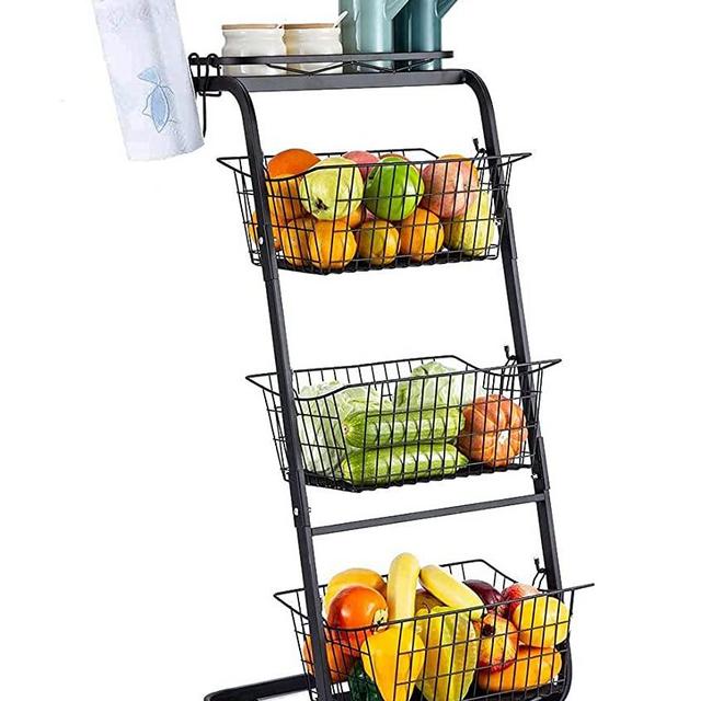 RUHATA 4-Tier Wire Baskets for Organizing- Fruit Basket Stand with Pads for Kitchen Pantry|Snack Fruit Vegetable Produce Metal Hanging Storage Bin and Paper Towel Holder-Black (black-1)
