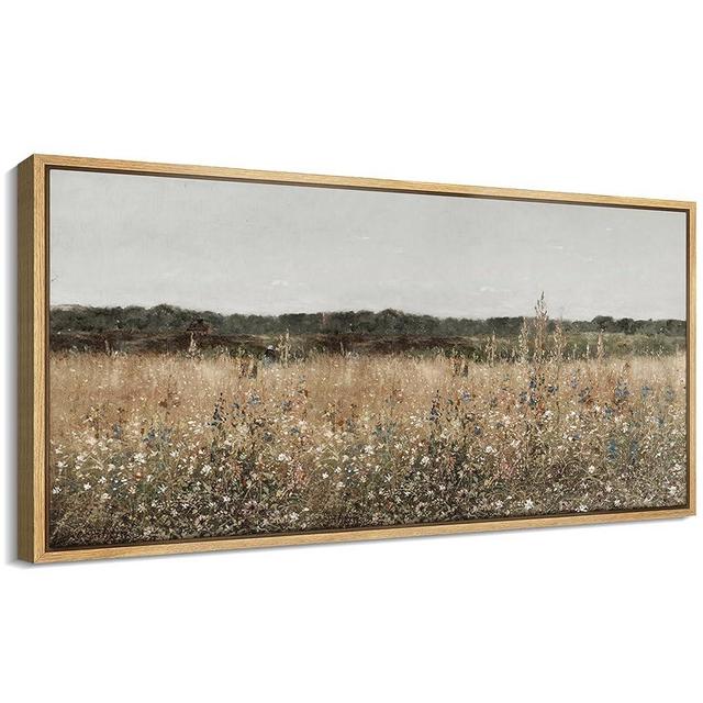 MUDECOR Extra Large Framed Canvas Print Wall Art Misty Morning Meadow with Wildflowers Antique Retro Fine Art Illustrations Decorative Colorful for Bedroom - 60"x30"