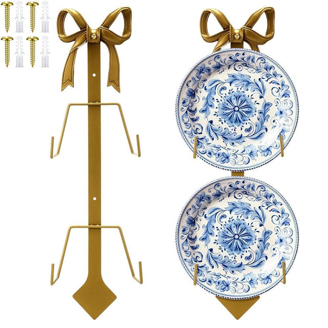 Zonon 1 Pack Gold Bow Plate Holder for Wall Bow Knot Iron Easel Display Rack Wall Mount Metal Plate Hanger Stand for Hanging Photo Frame Art Plaque for Cabinet Kitchen Counter Bar Cafe (18.5 x 7 Inch)