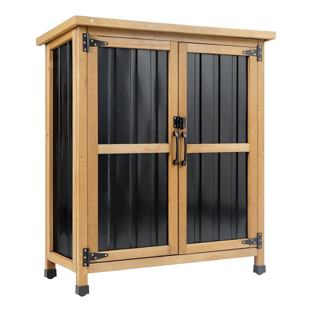 Wood & Metal Outdoor Storage Cabinet with Waterproof Roof, Garden Tool Shed with 4 T-Hinge, 4 Adjustable feet and Magnetic Door, 2 Removable Shelves, Easy Installation, 13.5" D x 34.5" W x 39" H
