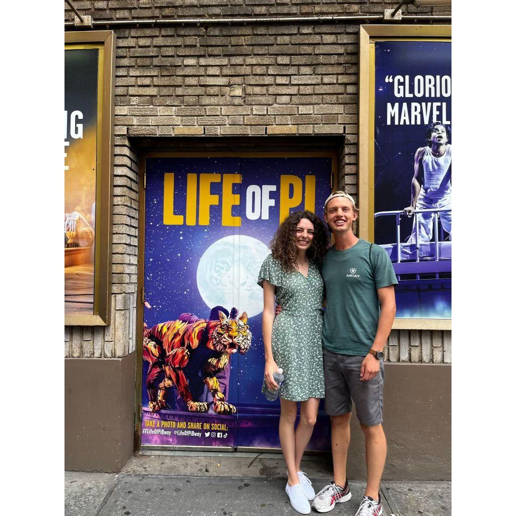 Fast forward to July 2023 East Coast roadtrip! Day One: NYC. James and Sara see Life of Pi on Broadway (10/10).