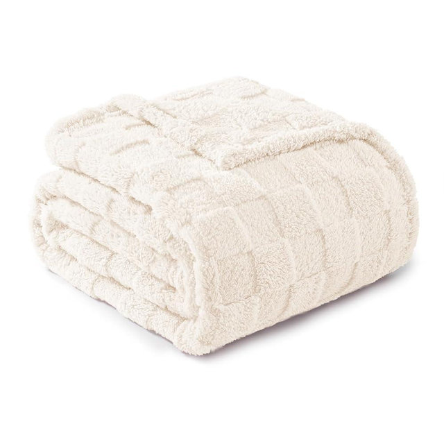 Exclusivo Mezcla Fleece Throw Blanket for Couch, Super Soft 3D Checkered Jacquard Bed Blanket, Cozy Fluffy Lightweight Blanket for All Seasons, 50x60 Inches, Ivory Blanket