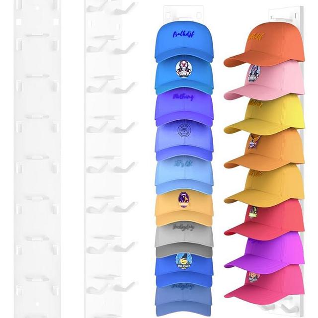 2 Pack Hat Organizer for Baseball Caps, Strong Adhesive Hat Rack for Wall, Multilayer Hat Storage Display Holder, Wall Mounted Hat Hooks Hold up to 18 Hats for Closet Door and Bedroom (White)