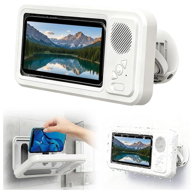 RMOKISIN Shower Phone Holder with Wireless Bluetooth Speaker, 2026 New Waterproof Shower Phone Case for Any Phone, Wall Mounted Phoneholder for Bathroom Mirror (White)