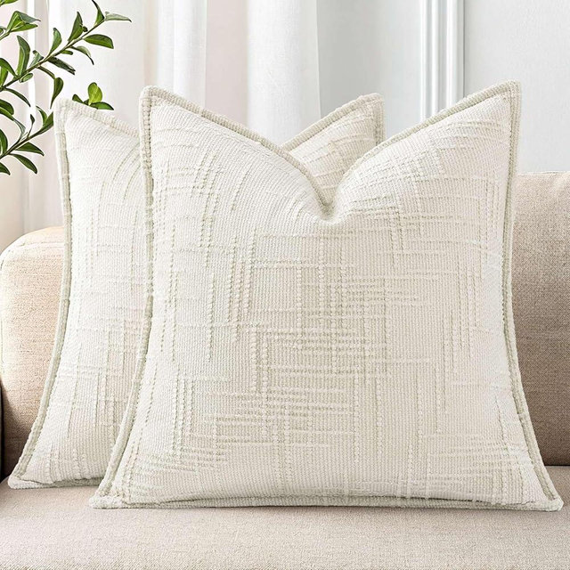 decorUhome Chenille Throw Pillow Covers 20x20 Set of 2, Thick Textured Slubby Neutral Decorative Pillow Covers with Elegant Design for Couch, Sofa, Living Room, Cream White