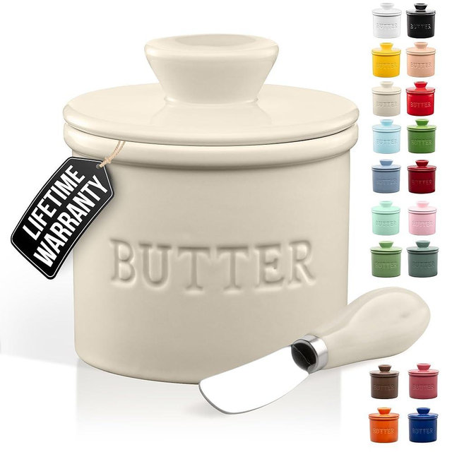 Zulay Kitchen Porcelain Butter Crock With Lid & Knife - Authentic French Butter Dish For Fresh & Spreadable Butter - Ivory