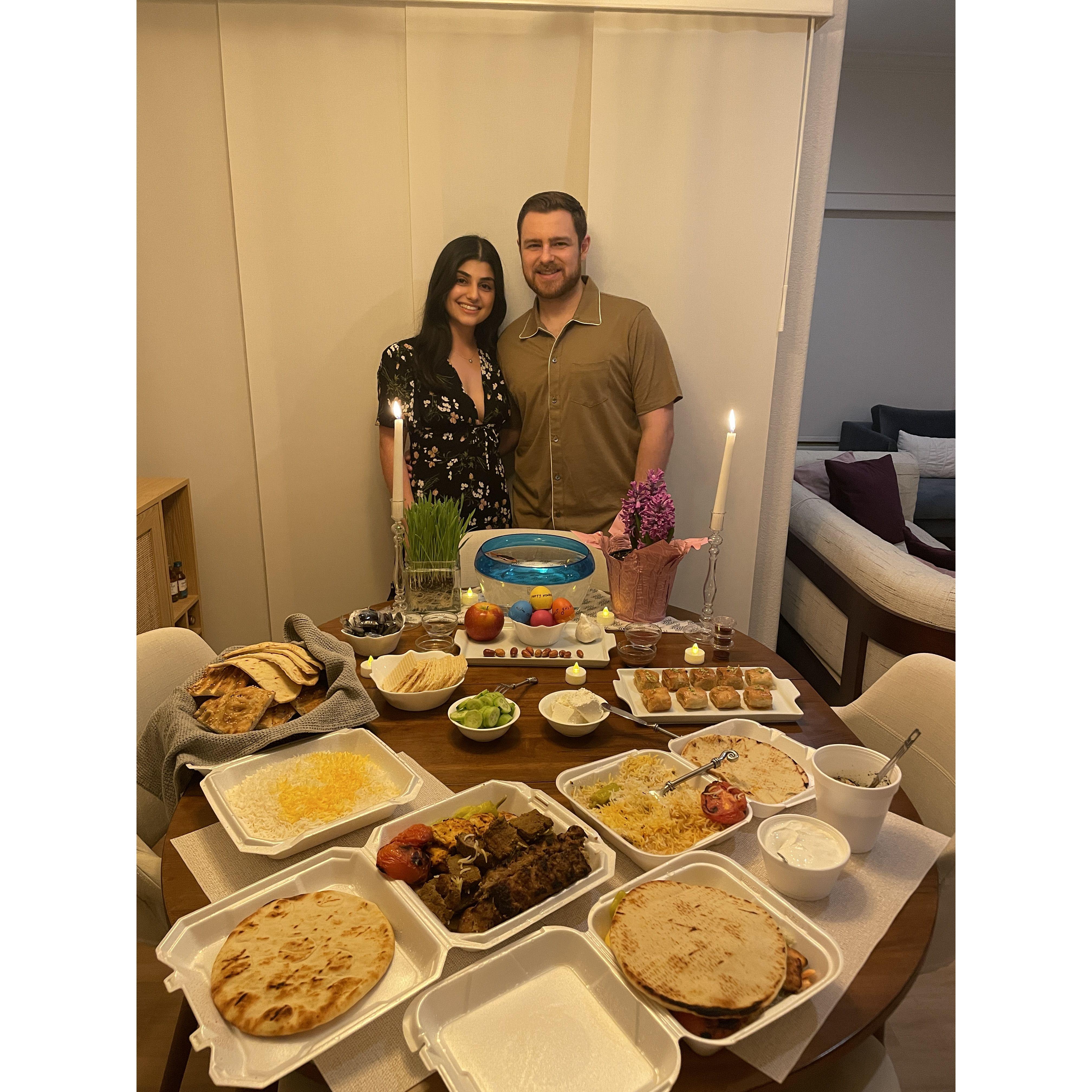 Tina was out of town for a research conference and didn't have time to put up a haft sin for Persian New Years, but she came home to the perfect one made by Clayton! The best Nowruz!