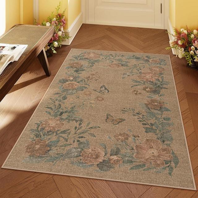 Lahome Floral Easy Jute Entryway 3x5 Outdoor Patio Mat Washable Rugs for Living Room Indoor Outdoor Carpet, Farmhouse Neutral Non Slip Non Shedding Indoor Door Rugs for Dorm Deck Porch