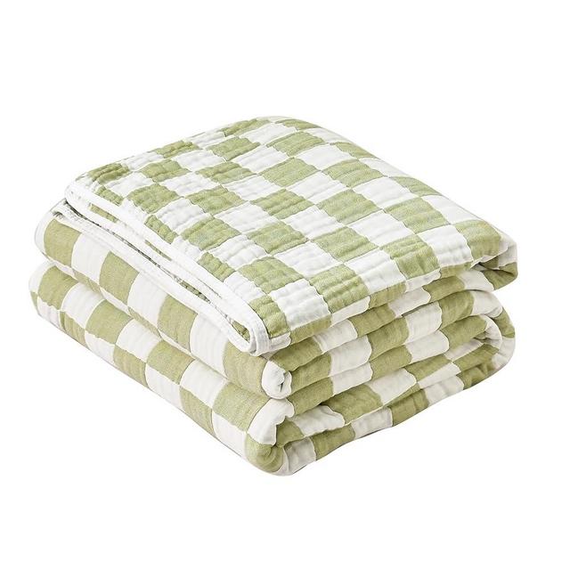 6-Layer Gauze 100% Cotton Muslin Blankets for Adults Green Checkerboard Queen Size Cooling Throw Blanket 90"x90" Lightweight Soft Checkered Breathable Blanket for Sofa Bed Coverlet Both Sides