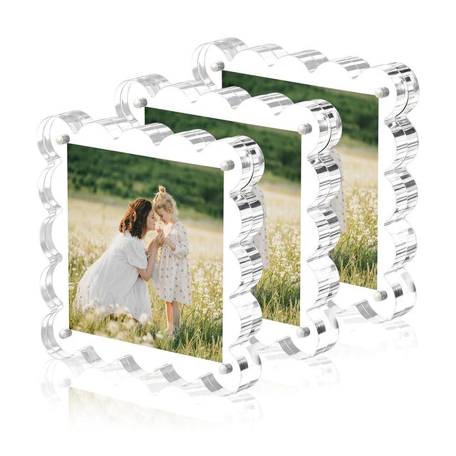 Chivalral Clear Picture Frames 3Pack - Acrylic Magnetic Photo Frame 4×4 Inch, Double Sided Magnet Frames with Scalloped Edges, 10+10mm Thick Freestanding Gift for Office/Home(Clear, 4x4)