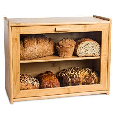 LAURA'S GREEN KITCHEN Large Bread Box: Bamboo Bread Box with Clear Front Window - Farmhouse Style Bread Holder for Kitchen Counter - Double Layer Bread Storage Bin Holds 2 Loaves (Self-Assembly)