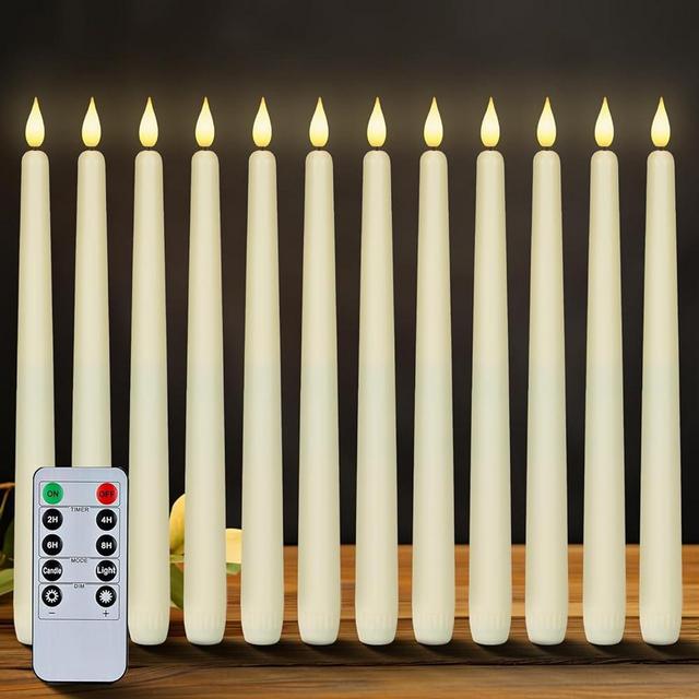 Homemory 12 Pcs Flameless Taper Candles with Remote Timer Dimmer, 11 inches Ivory Taper Candles Battery Operated, Plastic LED Candlesticks with Flickering Flame for Halloween Christmas Church Wedding