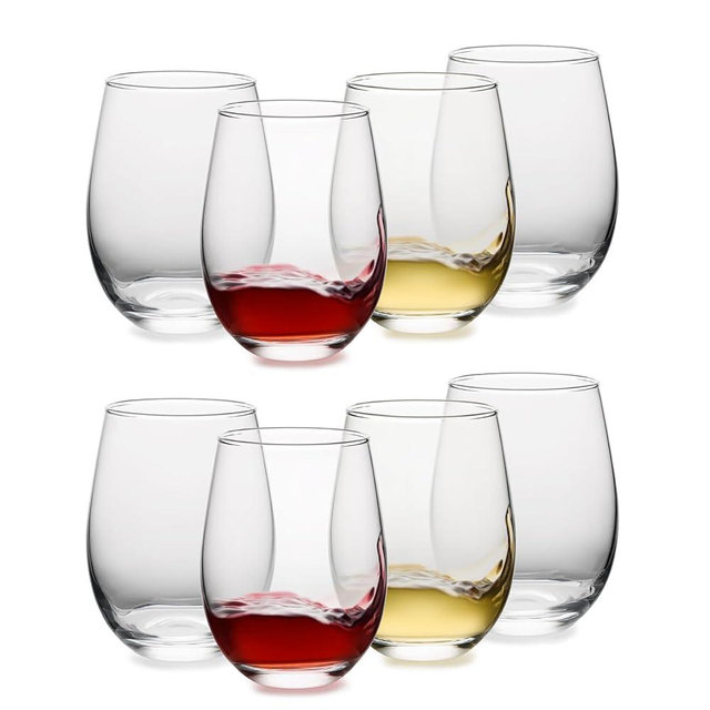 OUWO Stemless Wine Glasses Set of 8, 18oz Red White Wine Glasses,Lead-free Wine Glasses for Home, Party, Wedding, Ideal Wine Accessories Gift,Clear