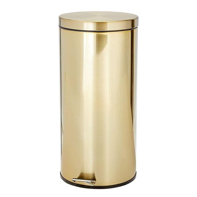 mDesign Tall 30 Liter, Large Round Metal Lidded Step Trash Can, Thin Compact Garbage Bin with Removable Liner Bucket for Bathroom, Kitchen, Craft Room, Office, Garage - Soft Brass