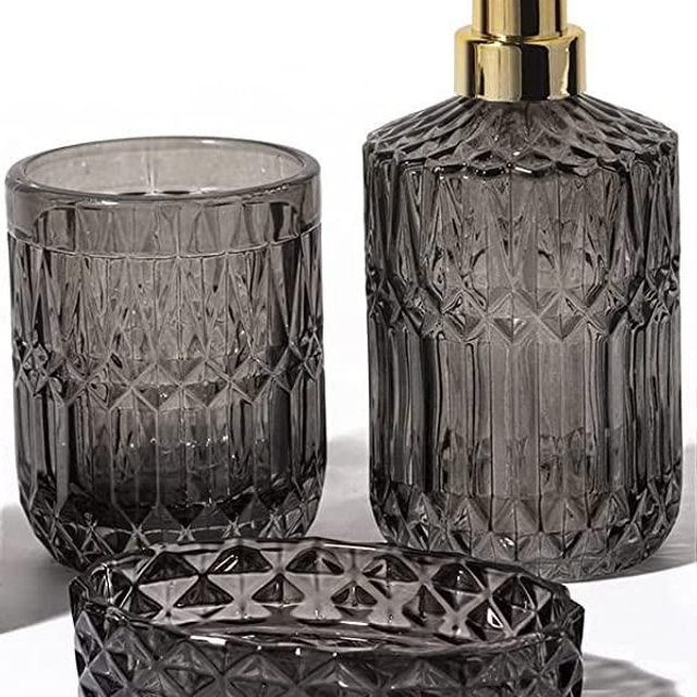 EMPO Bathroom Glass Accessories Set (Lotion Soap Dispenser, Soap Dish, Toothbrush Holder, Tumbler, Cotton Swab Jar) Contemporary Modern Decor Crystal Clear Vintage Gift (3pcs Gray)