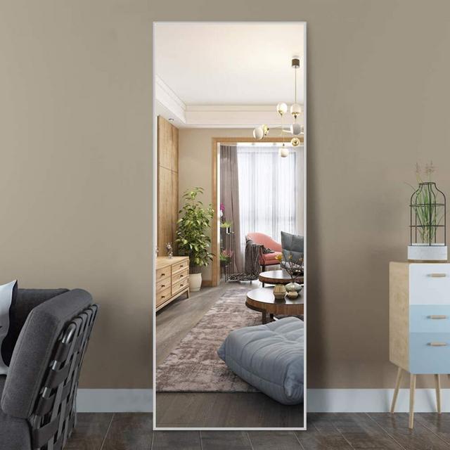 NeuType Full Length Mirror Floor Mirror with Standing Holder Bedroom/Locker Room Standing/Hanging Mirror Walnut Wood Dressing Mirror (Sand Gray)