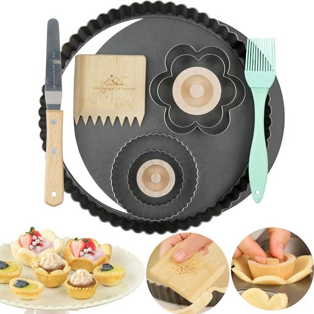 The Lunga Collection Tart Pan Baking Set - Tart Pan 9 Inch Removable Bottom - Non stick - Trim/Dock Tool, Offset Spatula, Pastry Brush, Tart Tampers, Cookie Cutters - Baking Gifts