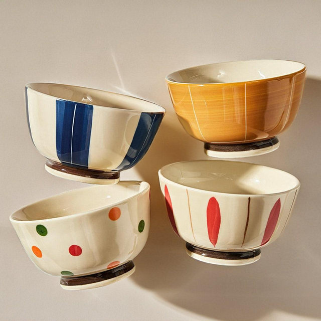Chic and Elegant Colorful Rice Bowl Set of 4 | Modern Asian Soup Bowls | Ceramic Retro Style Pattern Salad, Snack Serving Bowl