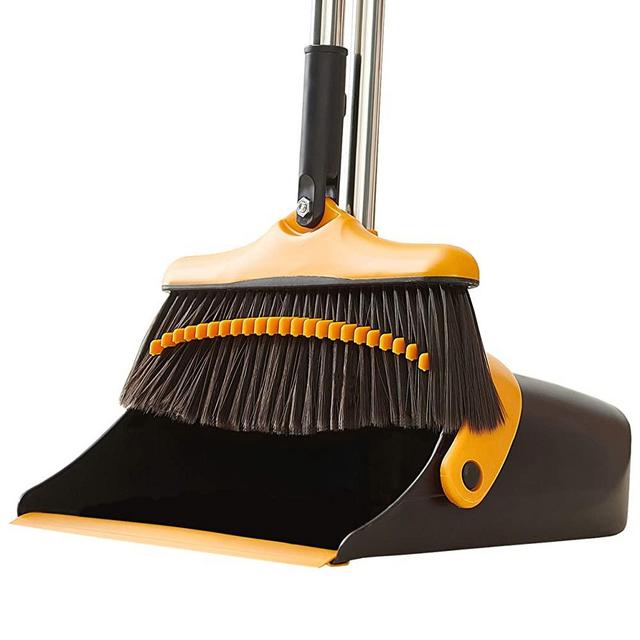 Broom and Dustpan Set with Long Handle - Kitchen Brooms and Stand Up Dust Pan Magic Combo Set for Home - Lobby Broom with Rotation Head and Standing Dustpan for Floor Cleaning Black