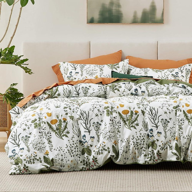 Bedsure Duvet Cover Queen Size - 100% Cotton Reversible Floral Duvet Cover Set with Zipper, Soft & Breathable Green Bedding Set, 3 Pieces, 1 Duvet Cover 90"x90" and 2 Pillow Shams 20"x26"