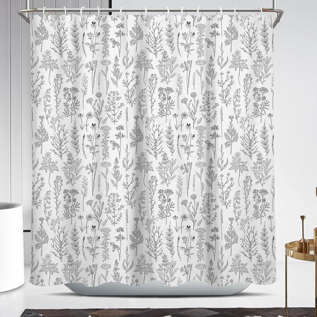 Coxila Vintage Floral Shower Curtain Large Standard Botanical Flower Black White Gray Farmhouse Rustic Boho Wildflower Neutral Cute Plant Bathroom 72 x 72 Inch Polyester Fabric 12 Pack Hooks
