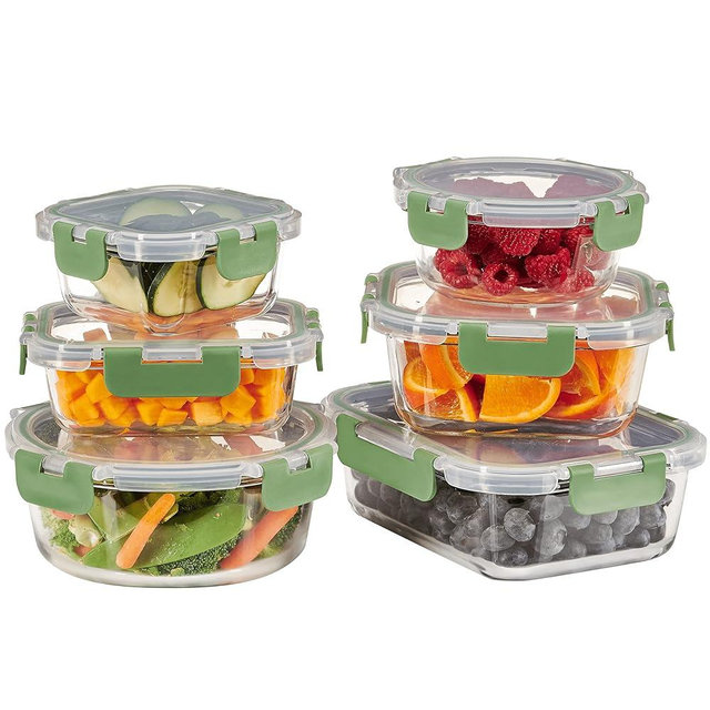 FineDine 12 Piece Glass Storage Containers with Lids - Leak Proof, Dishwasher Safe Glass Food Storage Containers for Meal Prep or Leftovers, Green