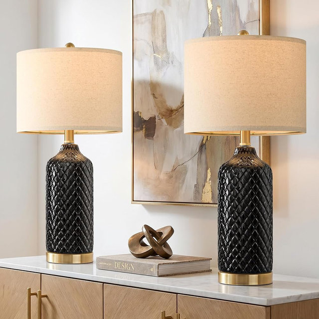 24.25" Ceramic Table Lamps for Living Room Bedroom Modern Lamps Set of 2, Modern Black Living Room Lamp, Boho Bedside Lamp for night stands, nightstand lamp, end side table lamp for Home Décor Office
