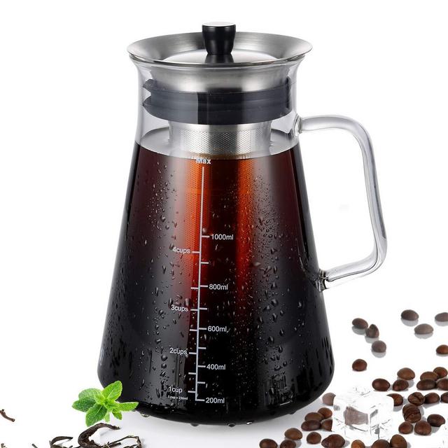 Airtight Cold Brew Iced Coffee Maker (40oz) Thick Borosilicate Glass Carafe with BPA-Free Ultra Fine Double Mesh Removable Filter Dishwasher Safe Rustproof ,5 Cups Capacity
