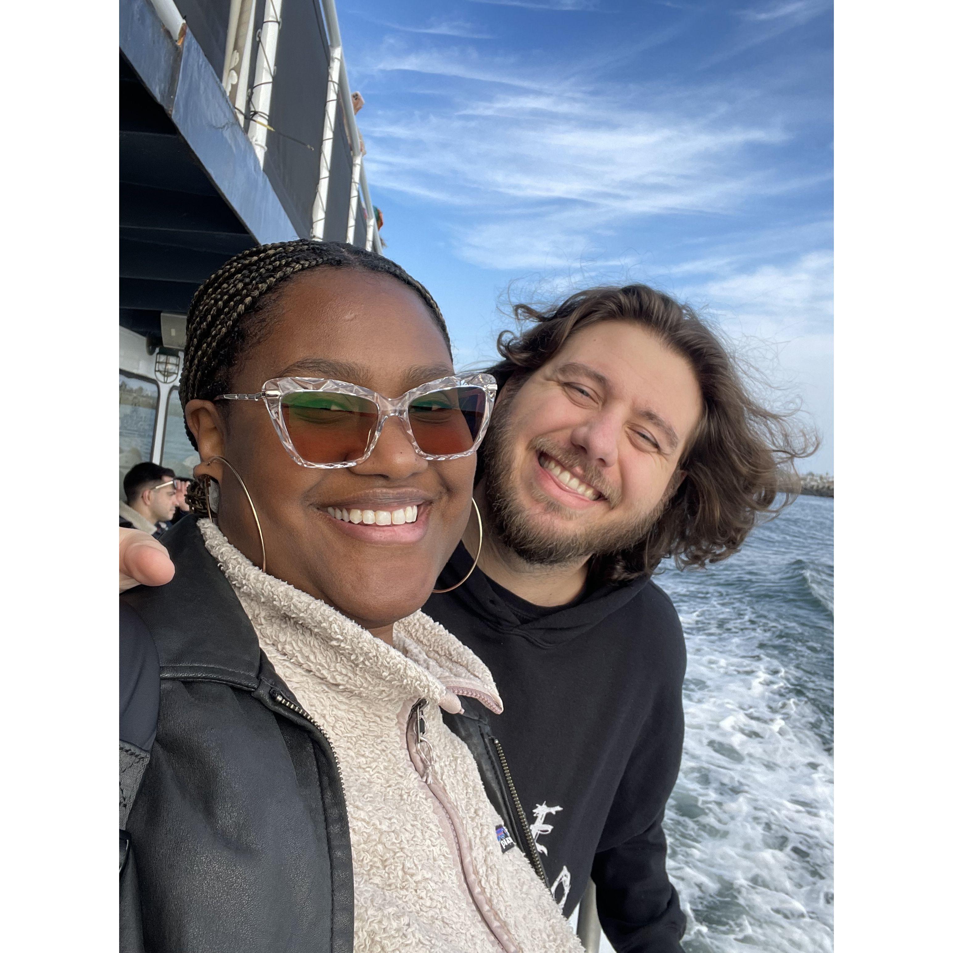Randall took me whale watching for the first time! I'd never set foot on a moving boat before or been in the ocean. We saw two whales and almost a hundred dolphins on this very cold and chilly day 😂