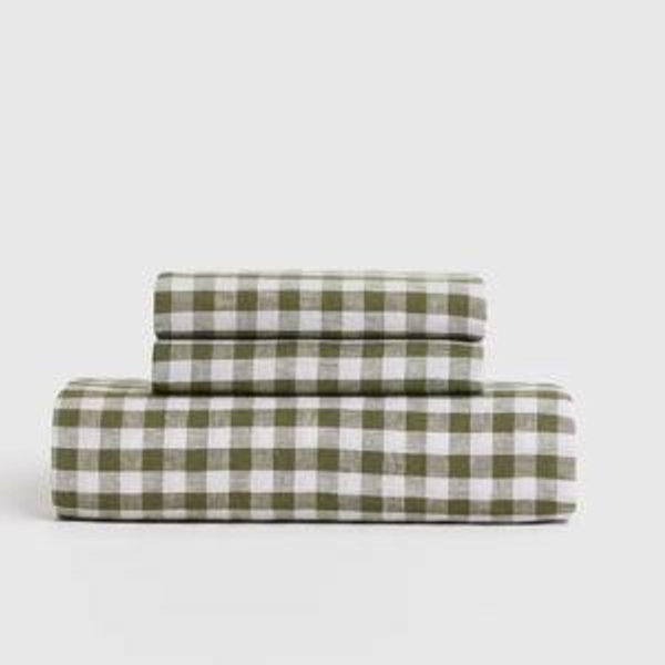 European Linen Gingham Fitted Sheet Set in Olive - Full/Queen