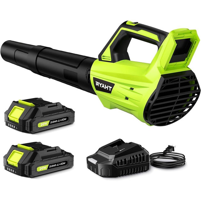 Leaf Blower Cordless, Leaf Blower with Battery and Charger - 2 Speed Modes, 2 Batteries, 20V Powerful Lightweight Electric Blowers for Blowing Leaves, Lawn Care, Patio Cleaning and Dust, Green