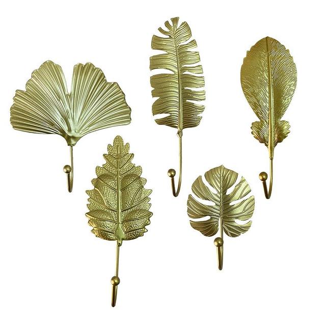 GRUKVAR Gold Decorative Iron Hooks for Hanging Keys Hats Jewelry Wall Golden Metal Hangers Wall Hooks for Bathroom Hallways Living Room Kitchen Bedroon (5pcs Leaf)