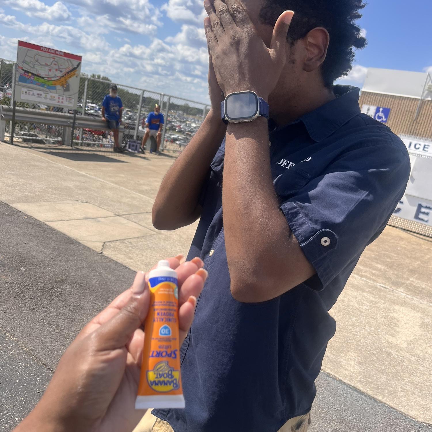 Making sure we don't burn in the sun at Talladega