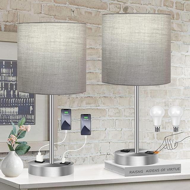 Table Lamps for Bedroom Set of 2, Touch Control Bedside Lamps for Nightstand, 3 Way Dimmable Lamp with USB Port and AC Outlet, 2 Daylight White Bulbs Included, Gray